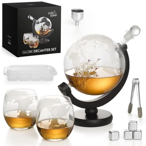 Oak & Steel - XL Premium Globus Whisky Dekanter Set mit Weltkarte, 1500ml - Karaffe mit 2 Gläser, 4 Whiskey Steine & Mehr - Geschenkset für Weihnachten