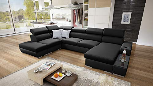 All4All Ecksofa mit Schlaffunktion Picanto 358 cm x 227 cm - Wohnlandschaft U-Form - Sofa mit Bettkasten - XXL Sofa - Groß - Gewebe mit Kunstleder - Rechte Seite - Schwarz/Schwarz - Modern 26