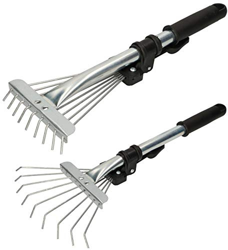 KOTARBAU® Fächerbesen verstellbar - 20 cm - Handrechen - mit Aluminium Teleskopstiel - 2,5-10 cm - Handharke - Mini Gartenrechen mit 9 Zinken - Kleines Gartenwerkzeug für Blumenbeete - Stahl - Silber