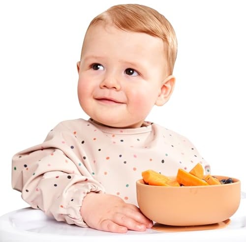 Nombear Easy Wipe Clean Baby Bibs with Sleeves - Waterproof Baby Weaning Bib for 6-12 Months, Coverall Long Sleeve Apron, Silicone Alternative Machine Washable Feeding Toddler Apron 12-18 Months