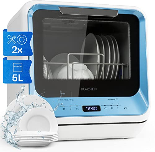 Klarstein Amazonia Mini Geschirrspüler – Kompakte Tischspülmaschine mit Wassertank, 7 Programme, 5L, Digitalanzeige, Leise 58dB, Energieeffizienzklasse D, Tragbar für kleine Küchen & Reisen, Blau