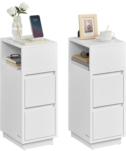 VASAGLE Kailyn Kollektion - Nachttisch 2er Set, schmal, Beistelltisch 2 Schubladen, offenes Fach nach Links oder rechts flexibel montierbar, Schlafzimmer Wohnzimmer, wolkenweiß LET856W01