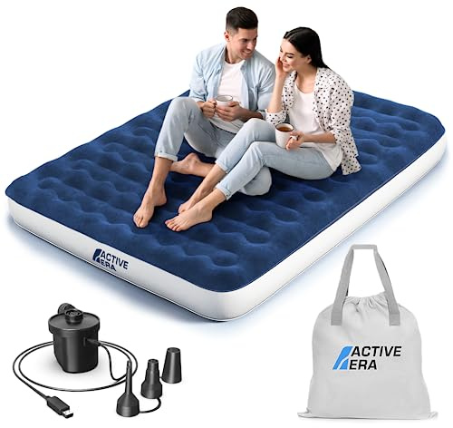 Active Era Luxus Camping Doppel Luftbett mit elekrischer Luftpumpe - Luftmatratze für 2 Personen mit tragbarer Akku Luftpumpe und USB Ladekabel, integriertem Kissen und Tragetasche - 152 x 203 x 56 cm