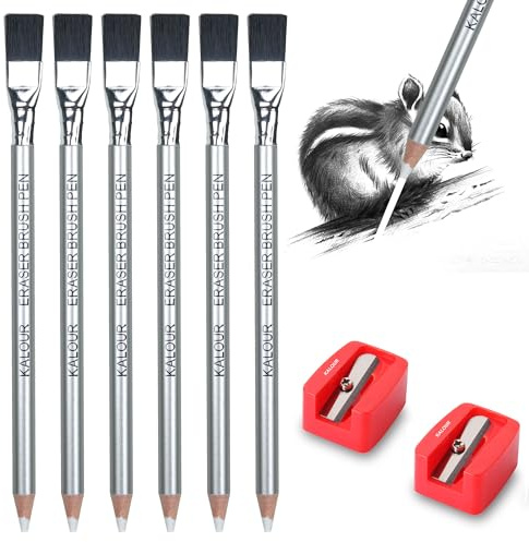 KALOUR Radierstifte-Set – 6 Radiergummis mit Pinsel und 2 Spitzer, ideal zum Skizzieren und Korrigieren von Zeichnungen
