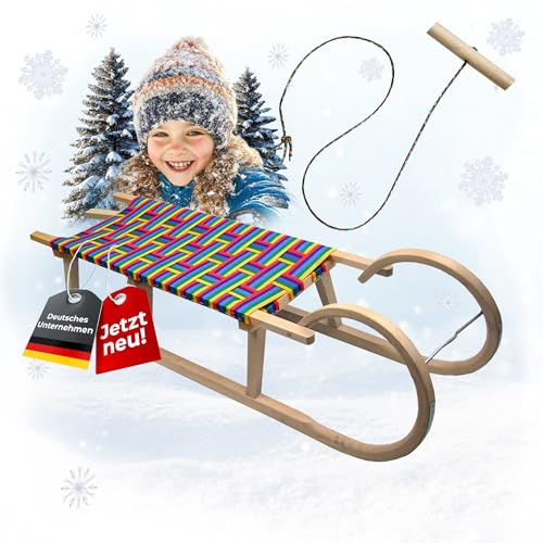 Hörnerrodel 120 cm mit Gurtsitz bunt - Holzschlitten aus massivem Buchenholz - Hörnerschlitten Rodelschlitten für 2 Personen, Zugseil & Stahlkufen