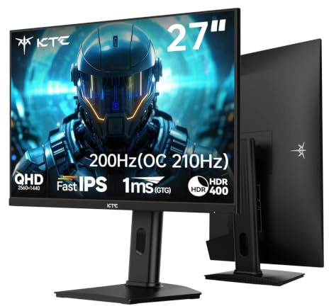 KTC Gaming Monitor 27 Zoll, QHD 2560×1440, 200Hz (OC 210Hz), Fast IPS, 1ms GTG, Adaptive Sync, HDR400, 100% sRGB, Höhenverstellbar, Pivot, 2× HDMI 2.0, 2× DP 1.4, H27T7P