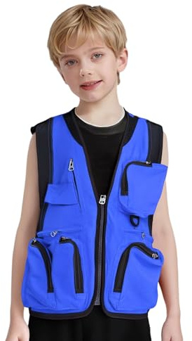 Eandarui Kinder Junge Safari Weste Mit Vielen Praktischen Taschen Funktionale Arbeitsweste Outdoorweste Anglerweste Mit Reißverschluss Blau 128-152