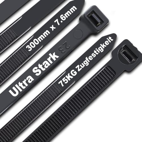 Kabelbinder Schwarz 300 mm x 7,6 mm, UV-Beständig ultra stark Kabelbinder mit 75 kg Zugfestigkeit, 100 Stück
