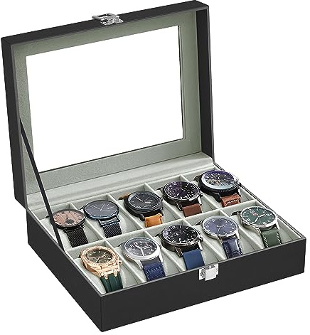 SONGMICS Uhrenbox mit 10 Fächern, Uhrenkasten mit Glasdeckel, Uhrenkoffer mit Herausnehmbaren Uhrenkissen, SAMT-Innenfutter, Metallverschluss, aus PU, Schwarz JWB010BK