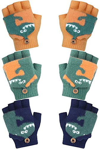 Bencailor 3 Paar Dinosaurier Kinder Handschuhe Halbfinger Gestrickt Fingerlos Winter Handschuhe mit Klappe (Dunkelgrün, Marineblau, Orange)