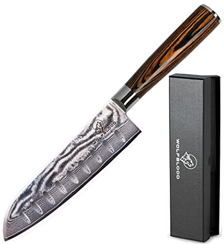 Wolfblood Damastmesser XL 30 cm Santokumesser | Echter 67 Lagen Damaststahl | 62±2 HRC TÜV-geprüfter, optimierter VG-10 Stahl | Damast Küchenmesser 30 cm mit 16,5 cm Klinge, Klingenschutz & Geschenkbox