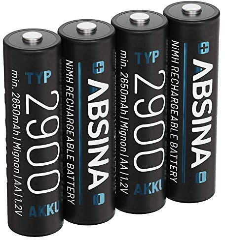 ABSINA Akku AA wiederaufladbar 2900 4er Pack - NiMH AA Akku mit 1,2V & min. 2650mAh - Aufladbare Batterien AA für Geräte mit hohem Stromverbrauch - Akkus AA für Blitzgerät, Wii & Xbox Controller