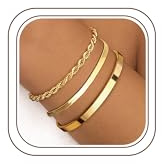 Finrezio 3-5 Stück Armband Damen Gold 14 Karat Vergoldet Stapelarmbänder Edelstahl Figaro Perlen Ketten Armbänder Verstellbare Armband Set Wasserdichter Gold Schmuck für Damen
