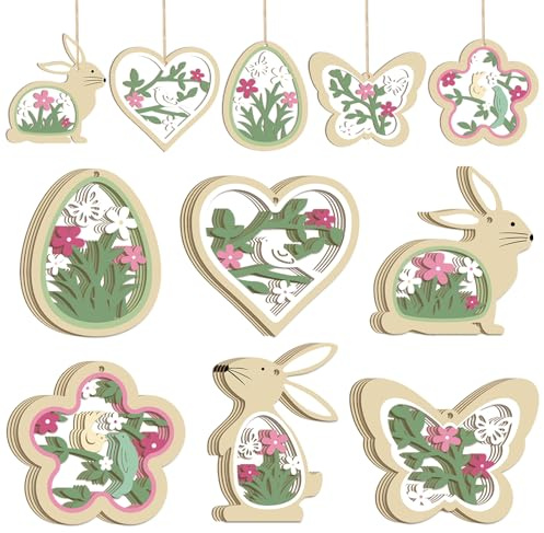 24 Stück deko zum Aufhängen, Frühlingsdeko Anhänger, Oseranhänger Holz,Osterhase Ostereier Schmetterlinge Blumen Ostern Deko（Green
