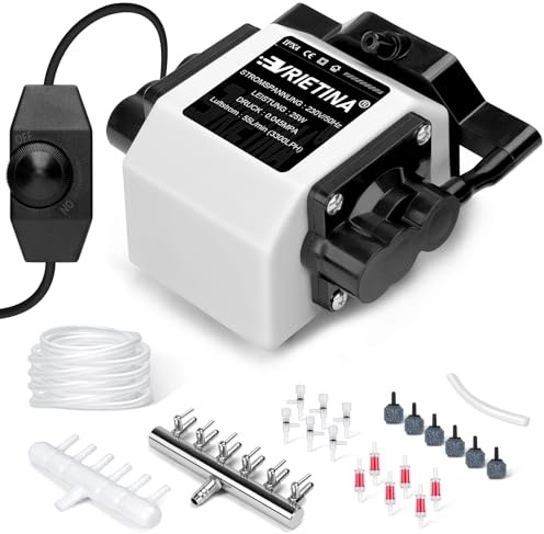 Aquarium Luftpumpe mit 6 Ausgängen | 25W Regelbare Teichbelüfter für Gartenteiche mit 6 Luftsteine | Belüfterpumpe | Leistungsstarke Sauerstoffpumpe | Teichbelüftung, Bis Zu 3300 L/H