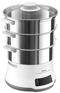 Tefal Convenient Series Deluxe Dampfgarer, einfacher Touchscreen | 8 Programme, Garen auf 3 Ebenen, Behälter aus Edelstahl, langlebige Qualität, gesündere Zubereitung, Edelstahl/weiß, VC502D