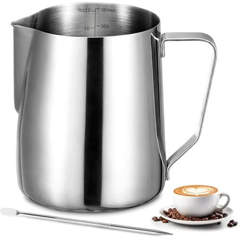 Milchkännchen - 350ml/12oz Milchkanne Edelstahl mit Messung Mark Und Latte Art Pen, Kaffee Creamer Milch Aufschäumer Kännchen Tasse für Cappuccino, Espresso, Latte Art, Perfekt für Kaffeeliebhabe
