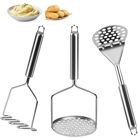 3 Stück Kartoffelstampfer, Edelstahl Kartoffelpresse Potato Masher mit Dickem Griff, küchenhelfer Stampfer küche für Kartoffelstampfer, Avocado, Bohnen