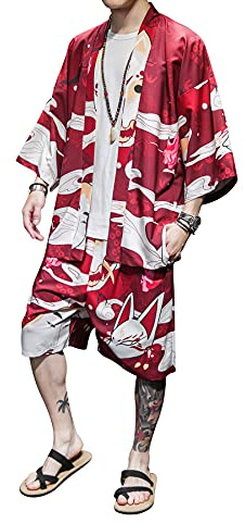 DOSLAVIDA Herren Kimono Cardigan Anzüge Japanischer Stil Sieben Ärmel Jacken Shorts Offene Front Yukata Oberteile Hosen Set Rot