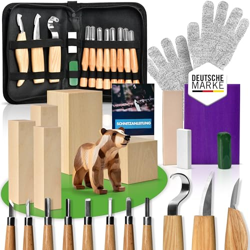 PUREWERK® Holzschnitzset für Erwachsene, 22-teilig | 11 Schnitzmesser, 5 Holz-Blöcke, Schärfkit, Handschuhe & Anleitung, Für Anfänger
