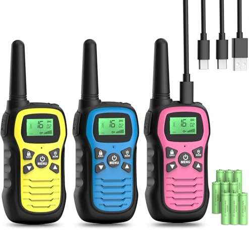 Walkie Talkie 3er Set, Walkie Talkie Aufladbar Spielzeug für 3-12 Jahre Mädchen Jungen, Woki Toki mit 16 Kanäle, 3 Meilen Lange Reichweite, Klarerer Klang für Wandern Camping Abenteuer