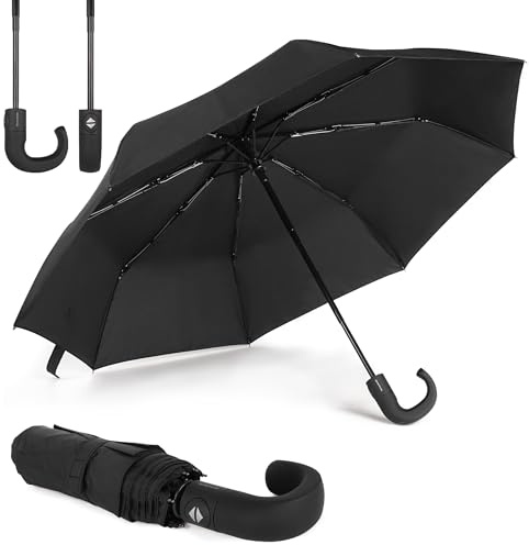 Sternenfunke – Faltbarer Taschenschirm sturmfest mit J-Griff, Automatik Regenschirm klein und Taschenregenschirm kompakt, sturmfest in Schwarz [NEU 2026]