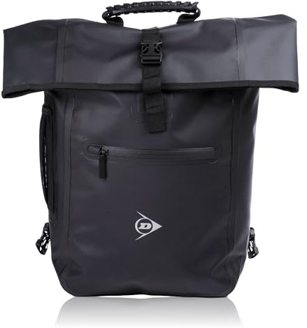 DUNLOP 4-in-1 Fahrradrucksack 25L - Rolltop Rucksack - Rucksack Wasserdicht - Fahrrad Tasche mit Klemmhaken für Gepäckträger - Rollrucksack mit Schultergurt - 31 x 13 x 38 CM - Kunststoff - Schwarz