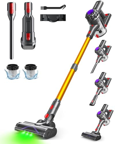 VACTechPro Akku Staubsauger kabellos,35KPa Kabelloser Staubsauger mit abnehmbarem Akku,bis zu 35min Laufzeit,6 in 1 Akkustaubsauger Tierhaare für Hartholzböden Teppich&Gold