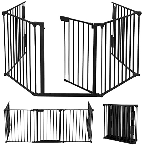 Aufun Kaminschutzgitter Metall mit Tür, 5 Elemente, Absperrgitter Ofenschutzgitter faltbar, Konfigurationsgitter für Kinder-Sicherung, 300x75 x60cm (Schwarz)