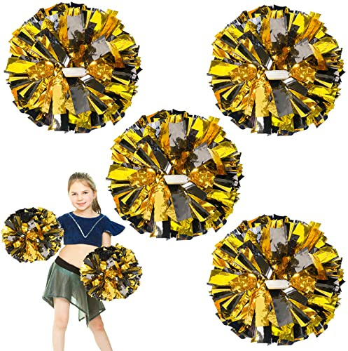 HOLENGS Cheerleader-Pompons, Cheerleader-Pompons für Kinder und Erwachsene, Cheerleader-Pompons für Schule, Sport, Spiele, Tanzparty, Schwarz und Gold, 30,5 cm, 4 Stück
