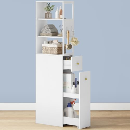 Hzuaneri Badezimmschrank hoch, Nischenschrank, Schubl. auf Rollen | Badschrank schmal, 3 offenen Regalebrett-Ebenen, Hochschrank, Seitenschrank, 40 x 20 x 140 cm, Weiß, BC32003W