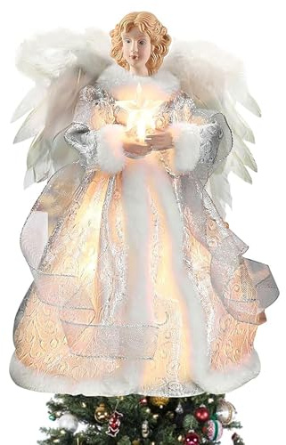 BigKing Engel Weihnachtsbaumspitze, 32 cm Engel Baumspitze mit Federflügeln | Weihnachtsengel Baumspitze Figur, Indoor Weihnachtsdekoration mit Federflügeln (Silber)