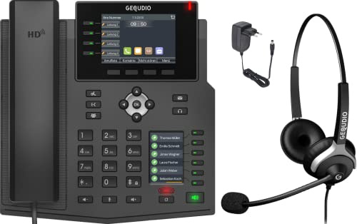 GEQUDIO IP Telefon GX5+ Set mit Netzteil & 2-Ohr Kabel-Headset - Fritzbox, Telekom kompatibel - Freisprechen & 2X Farbdisplays – Deutsche Anleitung (PDF) für Fritz Box, Sipgate, Telekom Speedport