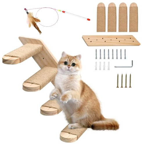 Zuxbolf Katzentreppe Wand 40cm Kletterwand Holz 4 Stufen Katzen bis 15kg | Massivholz Wandmontage mit Juteseil & Katzenangel, Links & Rechts Montierbar, für Katzenwand, Kletterparcours & Innenbereich