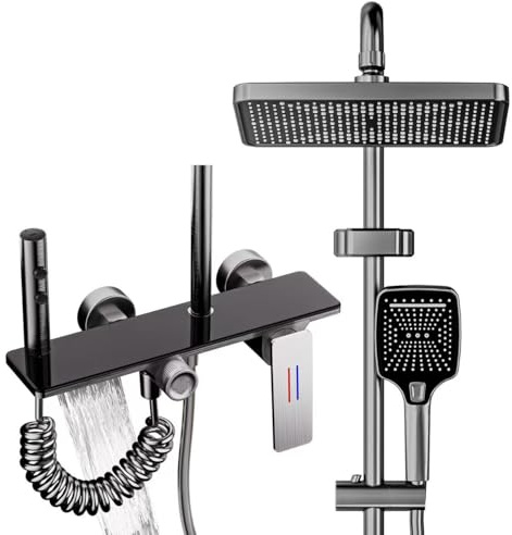 YJYAJIE Duscharmatur Komplett Set, Regendusche mit Armatur Schwarz, Handbrause, Duschpistole & Wannenarmatur, Dusche Komplett mit 132cm Duschsäule, für Badzimmer