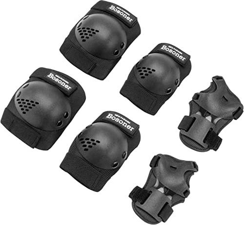 BOSONER Knieschoner Kinder Schoner Inliner Protektoren 6er Set Schützer Inliner Inline Skates Knie Und Ellenbogenschützer Schutzausrüstung Knieschützer Skateboard (Schwarz, S (3-7 Jahre))