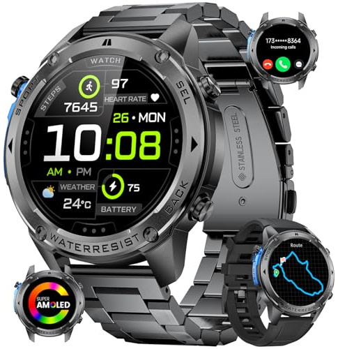 LIGE GPS Smartwatch Herren 1.43‘’Amoled Display, 170+ Sport Modi Smart Watch, 5ATM/IP68 Wasserdicht Fitness Tracker Schwimmen Sportuhren, Fitnessuhr mit Schlafmonitor/Kompass für Android iOS, Schwarz