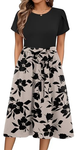 Zeagoo Sommerkleid Damen Elegant Midikleid A-Linie Strandkleid mit Taschen | Kleid Damen | Rundhals Kleider | Freizeitkleid | Kurzarm Kleider | Lässig Blumenkleid | mit Taschen S-2XL