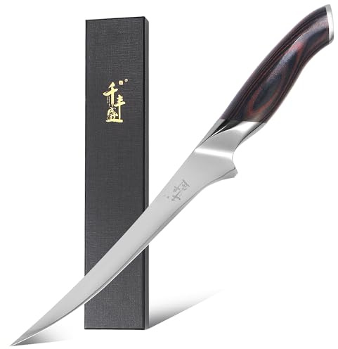 QIANFENGSHENG Filetiermesser 20cm, Scharfes Ausbeinmesser, VG-10 Superstahl zum Schneiden von Fleisch und Hühnchen, Profi Küchen-Fischmesser mit Flexibler Klinge und Ergonomischem Holzgriff