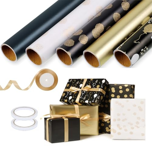 woric 5 Rollen Geschenkpapier Set, 3m x 43cm Weihnachtsgeschenkpapier Geschenkpapier Gold Schwarz Geburtstag Geschenkpapierrolle mit Schleifenband für Hochzeit Geburtstag Muttertag