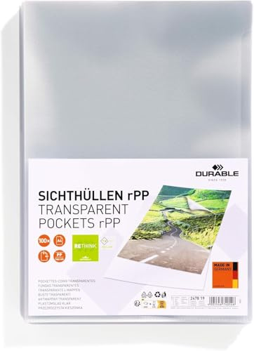 Durable Klarsichthüllen A4, aus recyceltem PP 100 Stück, aktenhüllen a4 seitlich offen, transparent, 247819