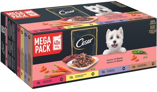 Cesar Selektion in Sauce Premium Hunde Nassfutter im Portionsbeutel 4 Varietäten 40x100g