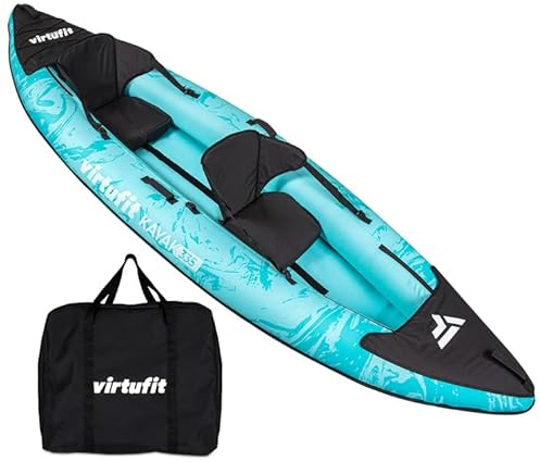 VirtuFit Kajak 335 Aufblasbar – 2 Personen + Option für 3. Sitz – inkl.2 Kajaksitze, Tragetasche & 2 Finnen – für Meer, Fluss & See – stabile Konstruktion – 335 cm – Türkis