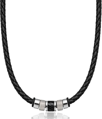 David Galvani Lederkette Herren aus Rindsleder mit Edelstahl-Beads | Schwarzes 5-mm-Rindsleder mit Edelstahl-Beads, Hebeldruckverschluss und Geschenkbox. In 45, 50 und 55 cm erhältlich.