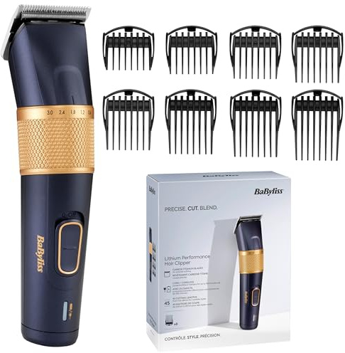 BaByliss Lithium Performance Haarschneider – Kabellose Profi-Leistung, 45 Längeneinstellungen (0,6–28 mm), Lithium-Akku, Dunkelblau/Gold, E986E