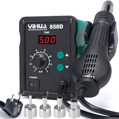 YIHUA 858D Heißluft Lötstation Entlötstation 700W für SMD Löten und Entlöten mit einstellbarer Temperatur und Luftvolumen, PID Temperaturkontrolle, Auto Start/Stop Funktion, Heißluftdüsen (EU PLUG)