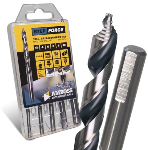 Spiralbohrer Step Force 5tlg. SET Ø4-10 mm - HSS-G DIN 338 für Stahl, Baustahl, Alu, Buntmetalle AMBOSS WERKZEUGE® Bohrer Bleche, Profile - Sechskant f. Bohrmaschine, Akkubohrer, Standbohrmaschine