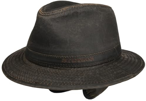 Stetson Berico Traveller Hut Herren Männerhut Baumwollfutter Einfarbiger Stoffhut Used-Look Integrierte Ohrenklappen Herbst Winter braun L (58-59 cm)
