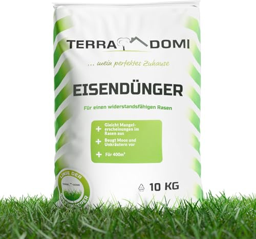 TerraDomi Eisendünger 10kg für ca. 400m² | Turbo-Dünger abgestimmt für vermooste Rasenflächen | Granuliert, streuwagengeeignet und staubfrei