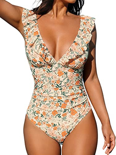 CUPSHE Badeanzug Damen V Ausschnitt Rüschen Monokini Bauchweg | V Ausschnitt,Volants,Bauchweg Raffung,Bequeme Passform,Mittlere Bedeckung,Für Strand und Pool